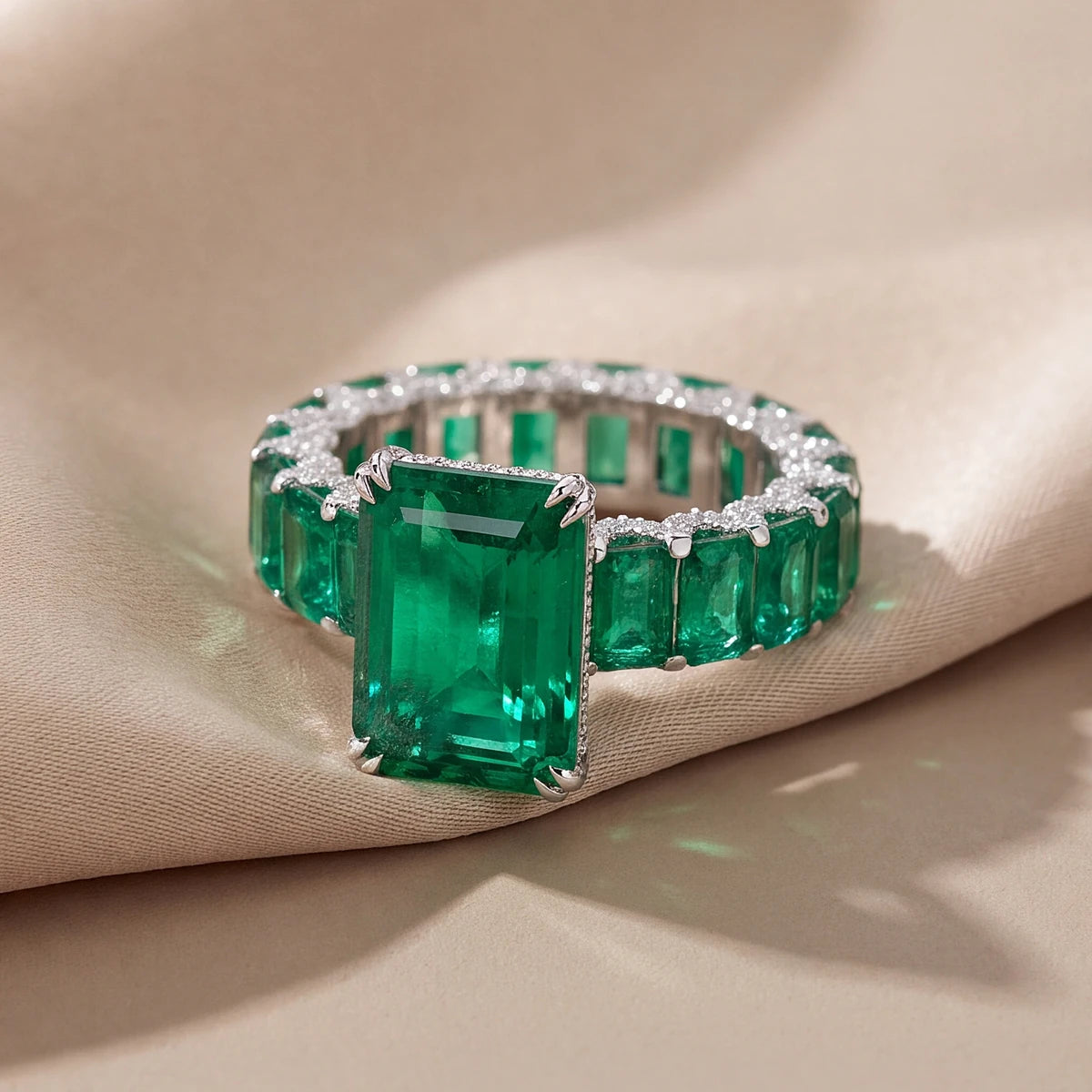 13.88 CT Emerald-Cut Green Emerald Ring with Ruby Shank