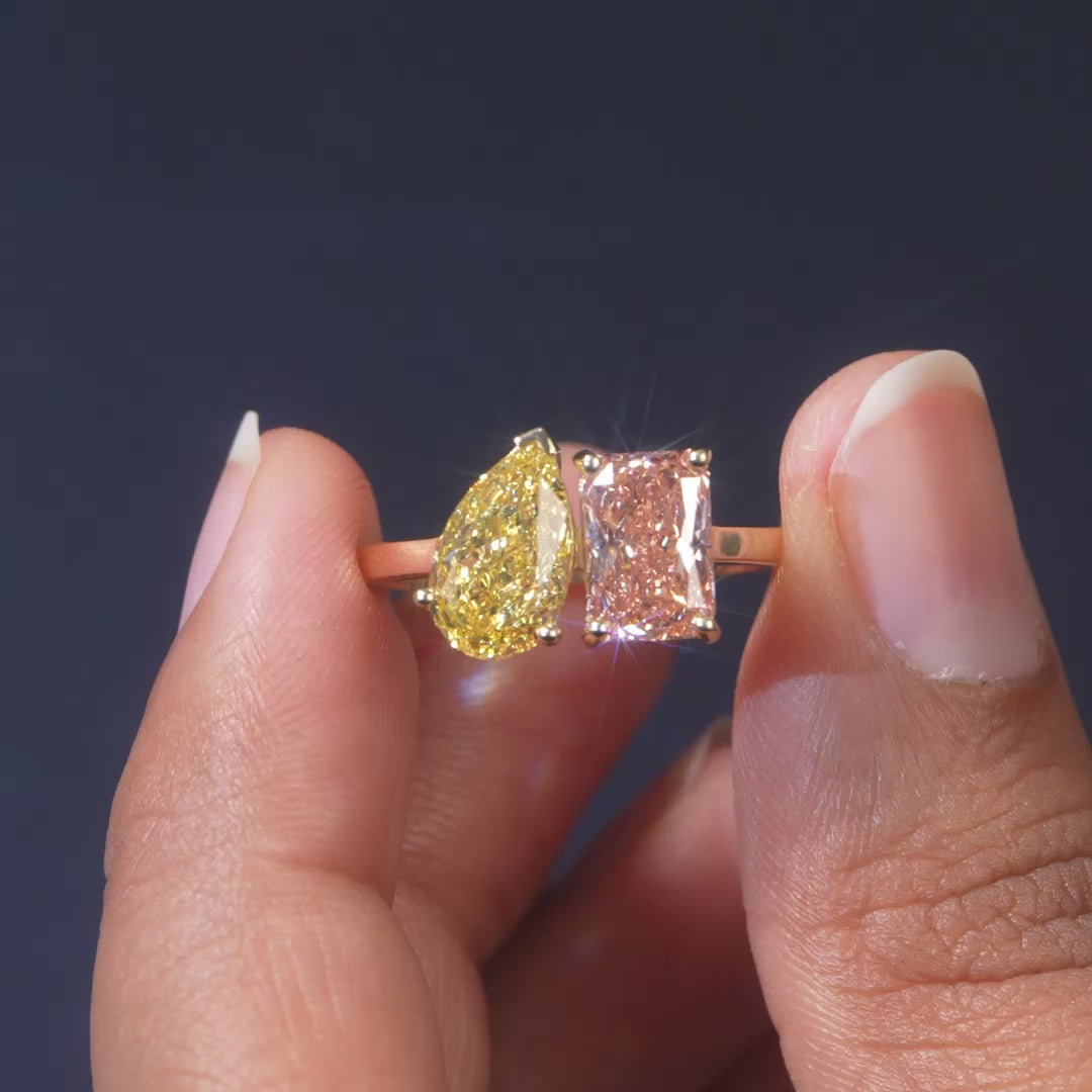 3.25 CT Fancy Yellow Pear & Pink Radiant Toi et Moi Ring