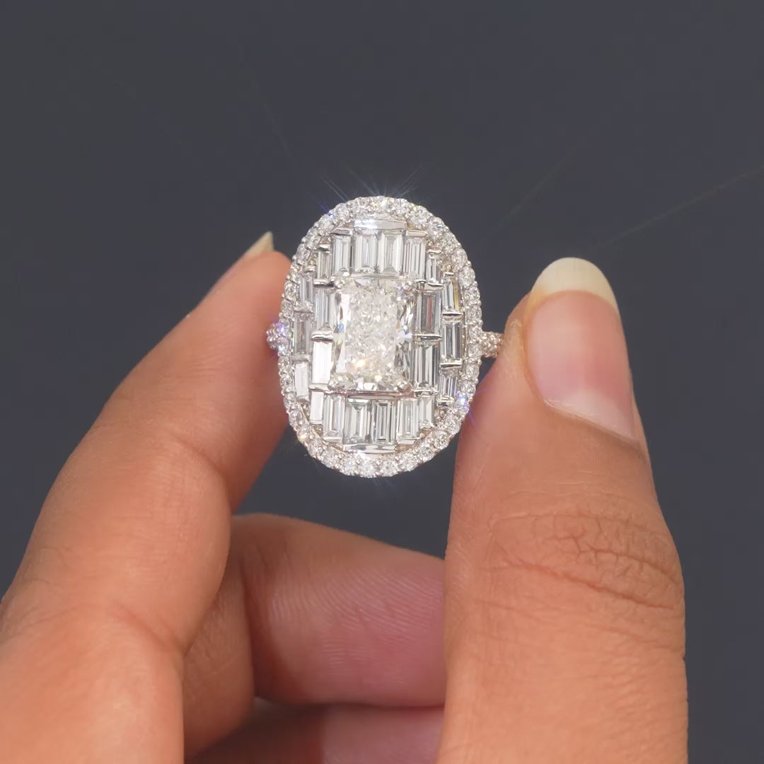 4.31 CT Radiant Cut Baguette Halo Cocktail Ring