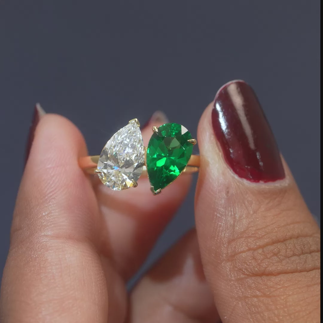 3 CT Pear Green Emerald & Diamond Two Stone Ring