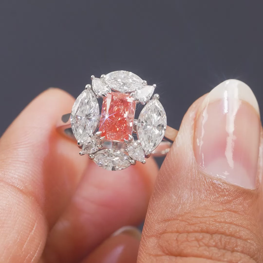 2.74 Radiant Cut Fancy Orange Pink Diamond Halo Ring