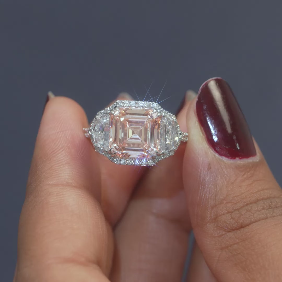 5.74 CT Pink Square Emerald Cut Halo Three Stone Ring