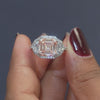 5.74 CT Pink Square Emerald Cut Halo Three Stone Ring
