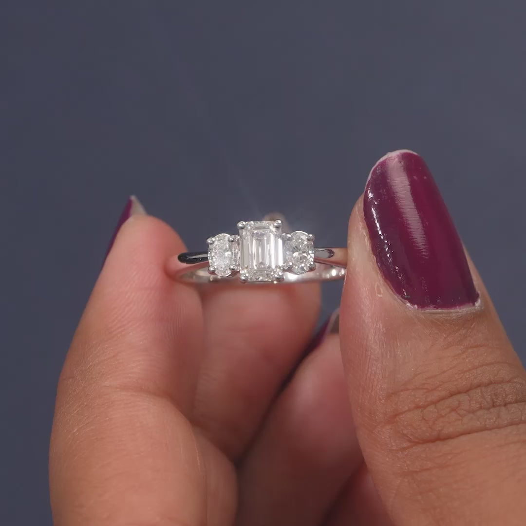 1.05 CT Emerald-Cut & Oval Three-Stone Ring
