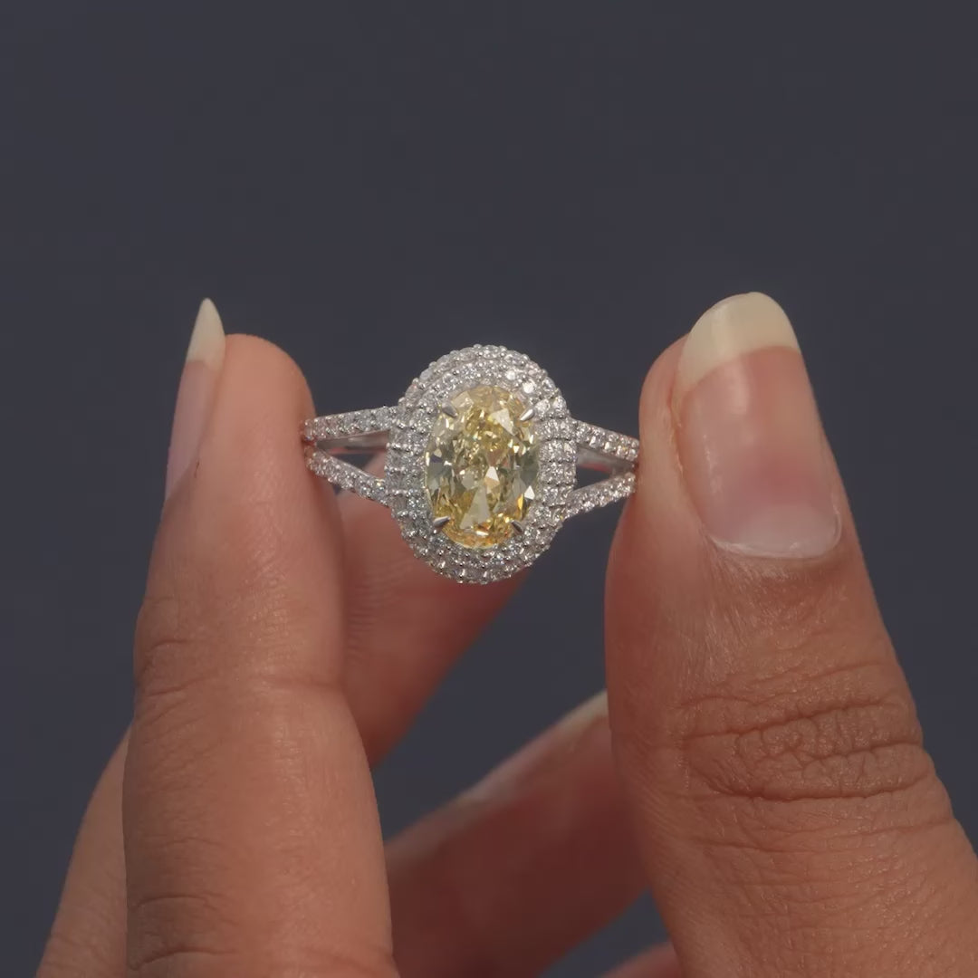2.77 CT Oval Cut Double Halo Yellow Diamond Ring
