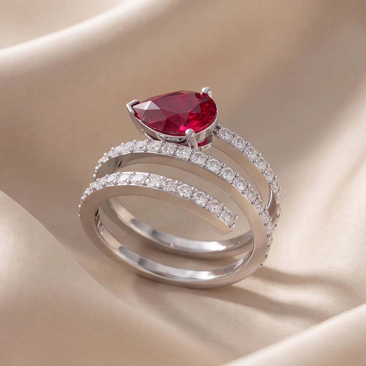 1.89 CT Ruby & Diamond Pear-Shaped Triple-Wrap Coil Ring