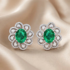 8.14 CT Oval Emerald & Pear Diamond Floral Halo Stud Earrings