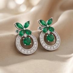 3.08 CT Green Emerald Floral Cluster Open Circle Drop Earrings
