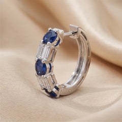 2.48 CT Round Sapphire & Baguette Diamond Huggie Hoop Earrings
