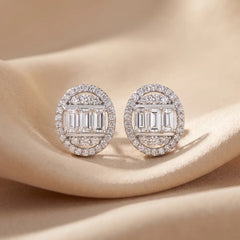 1.94 CT Baguette Diamond Oval Halo Stud Earrings
