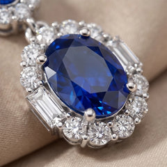 3.18 CT Sapphire & Diamond Oval Double Halo Drop Earrings