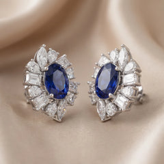 4.24 CT Oval Sapphire & Diamond Multi Shape Halo Stud Earrings