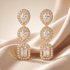 0.88 CT Diamond Halo Pear Emerald Drop Earrings