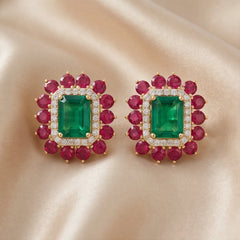6.06 CT Emerald, Ruby & Diamond Double Halo Stud Earrings