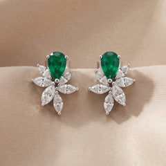 4.02 CT Emerald & Marquise Diamond Floral Cluster Stud Earrings