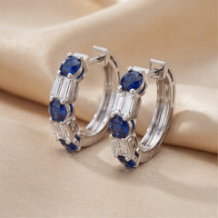 2.48 CT Round Sapphire & Baguette Diamond Huggie Hoop Earrings