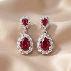 3.03 CT Ruby & Diamond Pear Halo Drop Earrings
